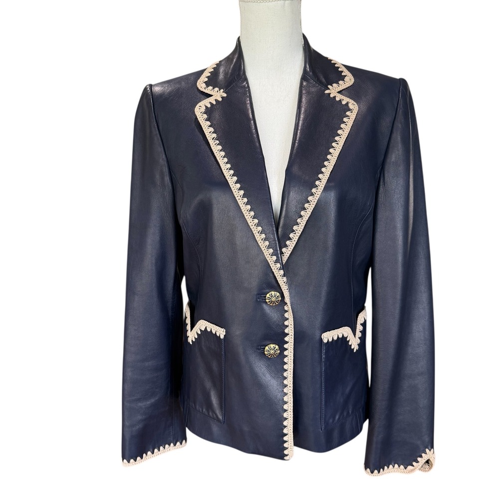 St John‎ Navy Lamb Leather Blazer Jacket Beige Trim Size 8